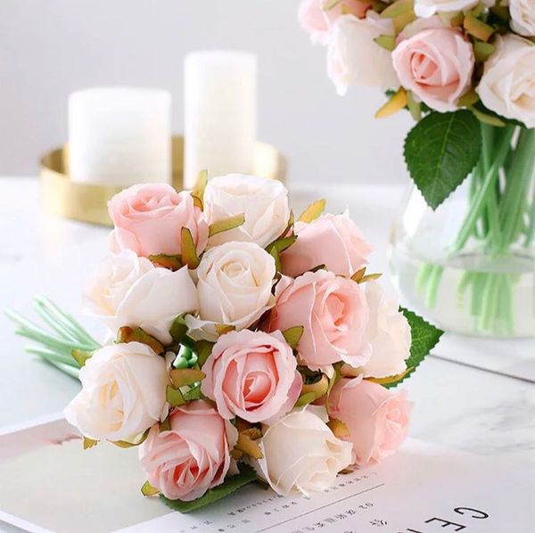 Roses artificielles en soie de 25cm, 12 pièces/lot, Bouquet de mariée romantique, fausses fleurs pour décoration de mariage à domicile, fournitures de fête intérieure