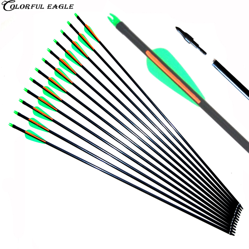 12pcs, 31.5Inch-28inch Omurga 500, Av Bileşik Olimpik Bow Mavi Beyaz Hedef Pratik Çelik Noktası Okçuluk Fiberglas Oklar