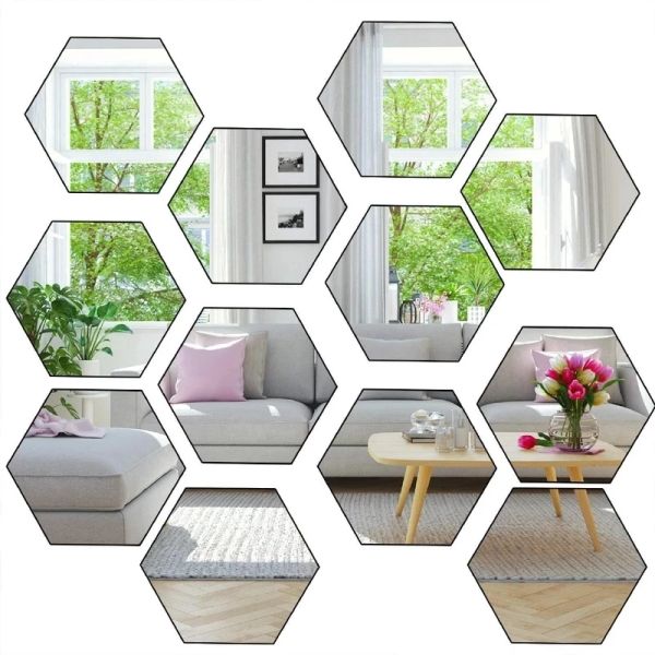 Autocollants muraux miroir 3D en forme d'hexagone, 12 pièces/lot, autocollants muraux amovibles en acrylique, décoration de maison, ornements de miroir artistique, DIY bricolage