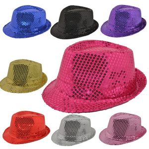 12 Unids / lote Niños Bling Bling Jazz Cap Niños Niños Niñas Escenario Sombrero Adultos Panamá Jazz Caps Fascinator Party Costume Lentejuelas Fedora Hat