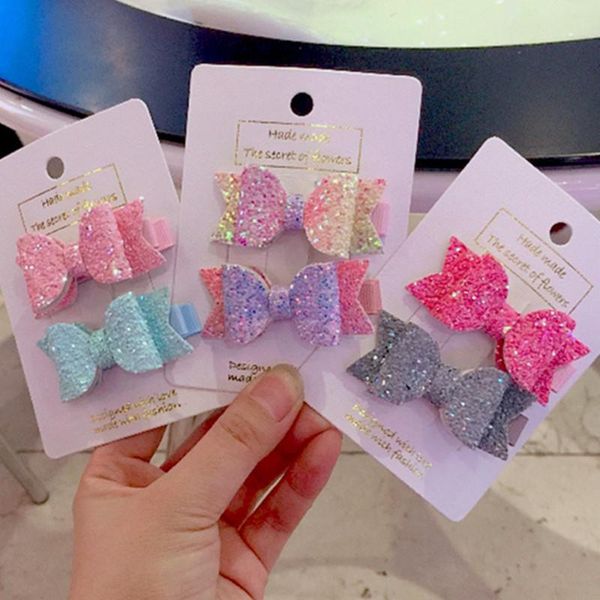 12 pcs/Lot nouveau paillettes rose en cuir arc pince à cheveux bleu gris filles brillant cheveux Barrette arc-en-ciel cheveux arc épingle à cheveux Aaccessoires 1 ensemble = 2 pièces