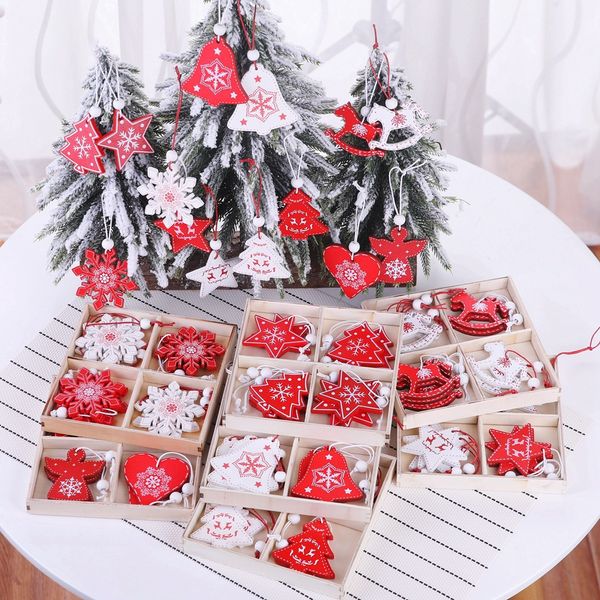 12PCS / Lot RedWhite Noël Flocon De Neige Cerf En Bois Pendentifs Ornements Enfants Cadeaux Fête Arbre De Noël Ornement Décorations WLL587