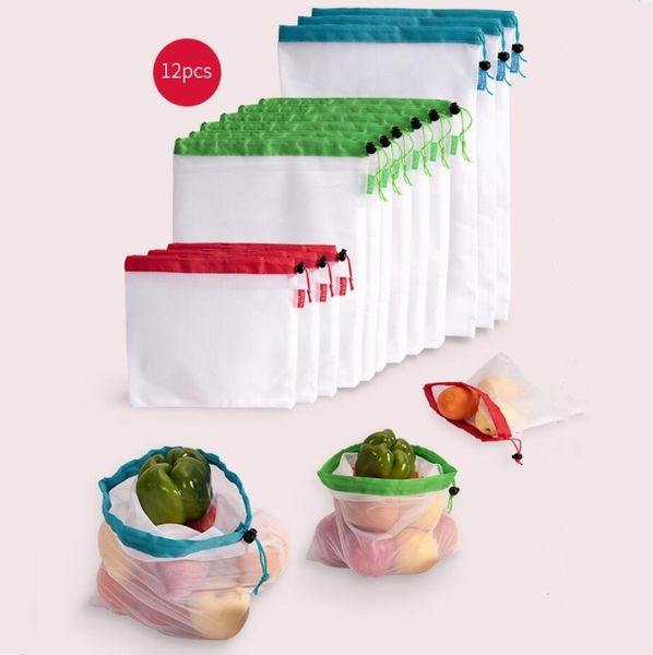 12 pcs/lot sacs en maille réutilisables écologique supérieur Double couture tissu cordon maille sac à provisions pour fruits nourriture-Shopping voyage Storag
