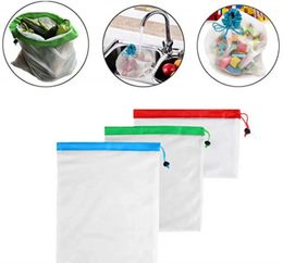 12 pièces/lot sacs de produits en maille de fruits et légumes réutilisables ruban coloré lavable sacs écologiques pour le stockage de jouets articles divers 240125