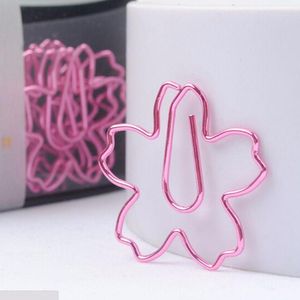 12 -stcs/lot topkwaliteit vergulde roze papieren clips sakura naald bladwijzer metalen memo clip briefpapier kersen bloesems doos