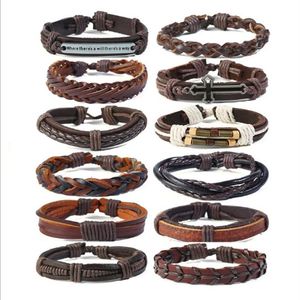 12 stks lset Stijlvolle mannen Lederen Charm Armbanden Punk Multilayer Handgemaakte DIY Lederen Gevlochten hennep Armbanden vrouwen Jewel255s