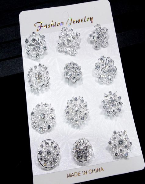 12pcs fleurs mixtes cristal argentes plaquées broches de haute qualité gâteau de mariage de mode de mariage fleuris