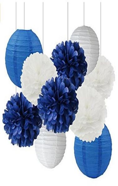 12pcs Tissue blanc bleu marine mélangé Pom Pom suspendu en papier lanterne Baby Shower Discorce Décoration Fleur 4354767