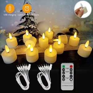 12 stks nieuwe usb oplaadbare theelichten met timer afstandsbediening LED kerst kaarsen 3D vlamloze flikkering voor Halloween woondecoratie H1222