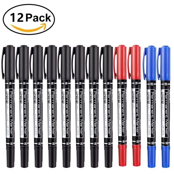 12pcspack Twin Tip Permanent Marker Waterproof OilInk Marker Pen FineMedium Point 0.5mm1mm Pen Marker Black Blue Red Ink 201120