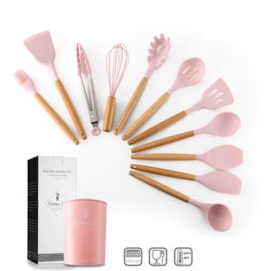 12 PCS Rose Couleur Silicone Ustensiles De Cuisine Ensemble Spatule Antiadhésive Pelle Manche En Bois Outils De Cuisine Ensemble Avec Boîte De Rangement Cuisine T277h