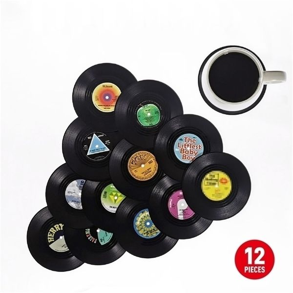 12 Stück Kunststoff Retro Schallplatten-Tassenmatte Anti-Rutsch-Kaffee-Untersetzer hitzebeständig Musikgetränk Becher Tisch Tischset Home Decor 220627