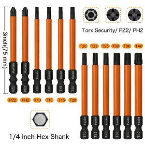 12 piezas Pozidriv Torx Bit Bit 75 mm PH2 PZ2 Torx Bits de destornillador S2 Herramienta de controlador magnético de acero