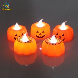 12 stks pompoen thee lichten batterij geëxploiteerde Thanksgiving theseights led flikkerende oranje kaarslicht voor Halloween XMS kerst decor