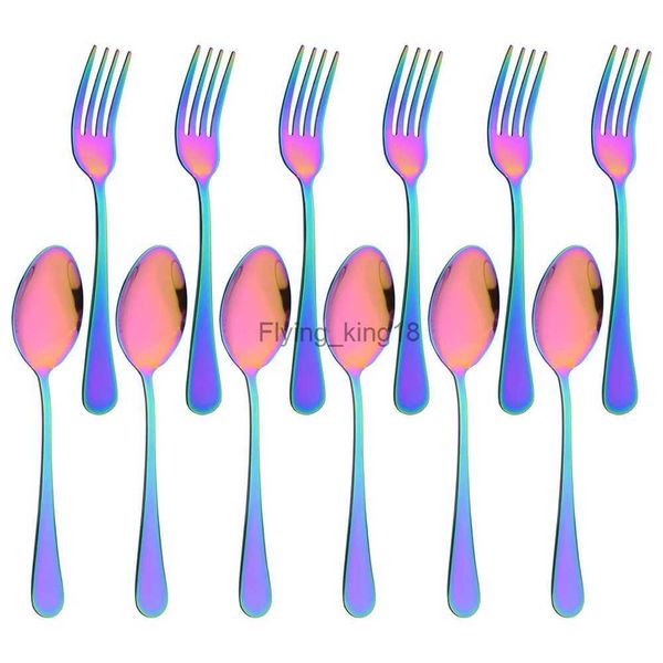 12pcs arc-en-ciel vaisselle couverts ensemble en acier inoxydable à long manche fourchette à dîner bientôt hôtel restaurant fournitures de fête ensemble de vaisselle HKD230812