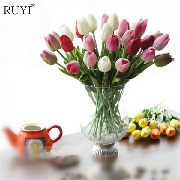 12pcs real touch pu mini fleur de tulipe bouquet de fleurs de mariage artificielle fleur de soie pour la décoration de fête à la maison cadeau Y200104