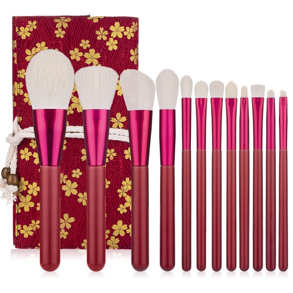 Maquillage 12pcs Rouge Pinceaux Manche en bois Fondation Eyesbrow poudre blush fard à paupières Maquillage du visage Outils Pinceau doux cosmétiques cheveux avec sac