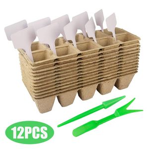 12pcs plateaux de semis kit plateau de démarrage de graines pots de tourbe biodégradables sac de culture de plantes étiquettes de plantes pot de pépinière pour jardin extérieur 220211