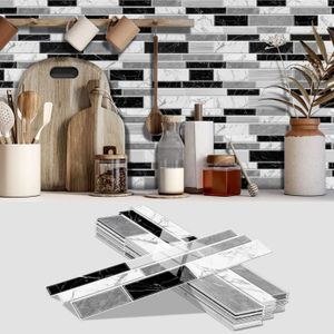 12 pièces auto-adhésif noir et blanc mosaïque PVC carreaux autocollants décor à la maison bricolage cuisine chambre Stickers muraux étanche résistant à l'huile 240112