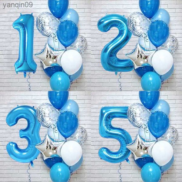 12 unids/set de globos de látex de papel de aluminio con números azules para niños, decoración de fiesta de cumpleaños, 1er año, decoración de cumpleaños para niños, globo de Baby Shower L230626