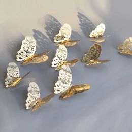 12 pièces/ensemble creux 3D papillon mur décor autocollant pour mariage décoration salon fenêtre maison or argent papillons autocollants