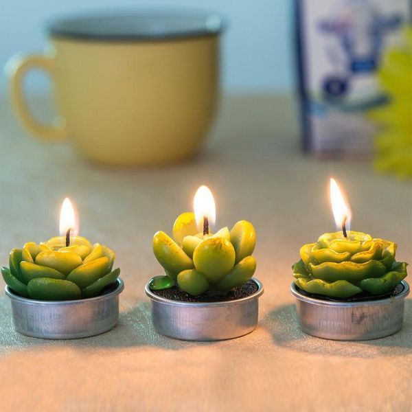 12 unids/set decoración del hogar Cactus vela mesa té luz jardín Mini cera verde velas para boda cumpleaños decoración Y200531