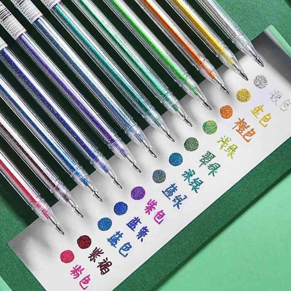 12pcs / set Kawaii Glitter Couleur Changement Flash Marker Gel Pen Mignon Dessin Stylo Surligneur Pour Fille Enfants École Art Papeterie 210330