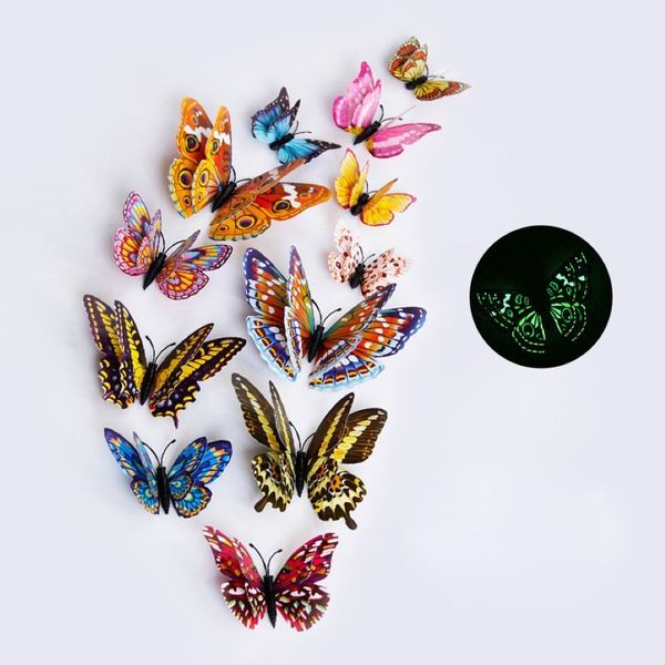 12pcs Set multicolore Luminal 3D Butterfly Wall Stickers Magnet PVC Fluorescence Butterflies Party Kids Bedroom Decoration 219H