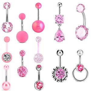 12 -stcs/set navel bell -knopringen piercing voor vrouwen roze kristallen balk bar chirurgisch staal strand mode body sieraden