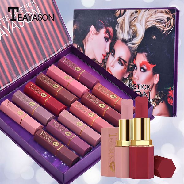 12 unids/set de pintalabios mate color carne, Color frijol rojo, larga duración, resistente al agua, maquillaje para mujer, regalo nuevo # TJ4