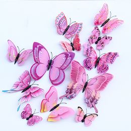 12 stks/set PVC dubbellaags 3D simulatie vlinder creatieve thuis woonkamer achtergrond wanddecoratie sticker gekleurde vlinder muursticker P245