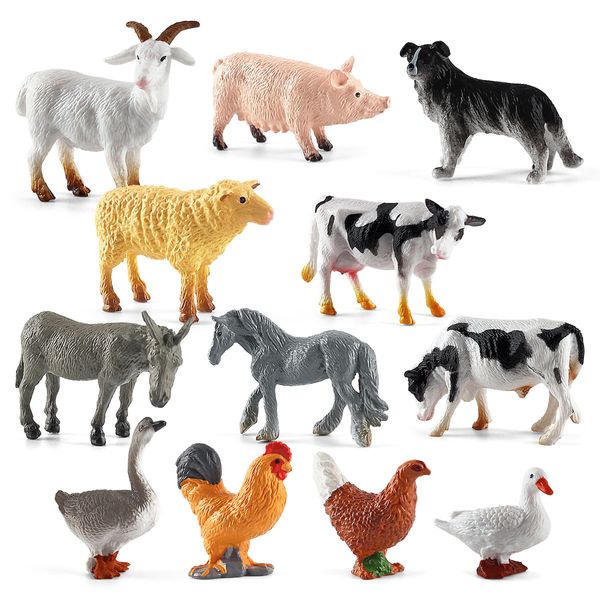 12pcs / set Réaliste Animal Science Education Jouets Figurines Simulé Volaille Figure Ferme Chien Canard Coq Modèles pour Enfants Enfants Cadeau 1114