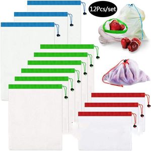 12 stks / set Herbruikbare mesh opbergtassen Trekkoord Pocket Pouch voor Fruit Groente Winkelen Kruidenierswinkel Bag