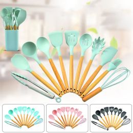 12 STKS Siliconen Keukengerei Non-stick Kookgerei Keukengerei Set Spatel Schop Eikloppers Houten Handvat Koken Tool Set 828