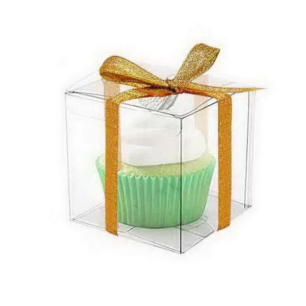 12pcs Silver Clear Plastic Cupcake Emballage Boîte de gâteau Favors Boîte Conteneur Party Party Cupcake Box Boîte Gift Box Supplies Ribbon