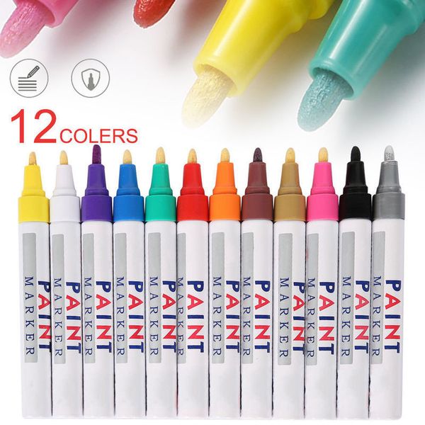 12 PCS Étanche Couleur Marqueurs 12 Couleurs Durable Roue De Voiture Pneu Huileux Marque Pneu En Caoutchouc Peinture Stylo Métal Permanent Peinture Marqueur Stylo 201120