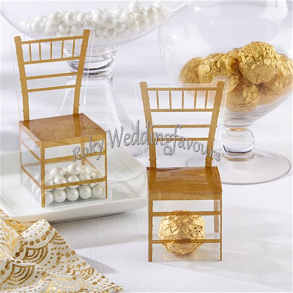 Livraison gratuite 12 pièces mariage Faovrs Miniature clair PVC or chaise boîtes de faveur fête faveurs événement décor fournitures