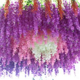 12 pcs Wisteria Fleurs Chaîne De Vigne Avec Vert Pour La Maison De Mariage Décoration De Jardin Suspendus Guirlande Mur Artificielle Fleur De Soie 210624