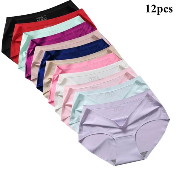 12 pièces sous-vêtements sans couture pour femmes culottes en soie solide pour femmes fille slips en peau femme dame lingerie culotte sous-pantalon 220426