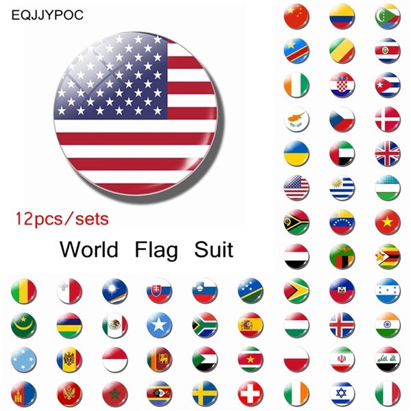 12pcs World Flag Sets Aimant de réfrigérateur Chine USA Royaume-Uni Espagne Russie Allemagne Italie France Souvenirs Verre Magnétique Réfrigérateur Autocollant 210722