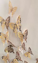 12pcsBag 3D Hollowing Out Butterfly Paper Wall Sticker Living Room Slaapkamer Imitatie vlinderstickers Decoratie1054692