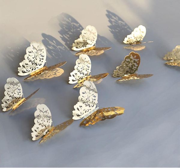 12 piezas / lote 3D hueco dorado plata mariposa pegatinas de pared arte decoraciones para el hogar calcomanías de pared para fiesta boda exhibición Butterflies8327069