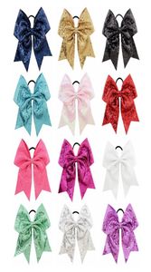 12pcslot 8 pouces Broideried Sequin Bows avec bande de cheveux élastique Cheerleading Boutique Ritique Hair Bow Ponytail Hair Hair Solder 8889337867