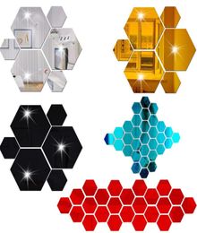12pcsset 3D Hexagon Mirror Sticker Decoración de pared acrílica Accesorios para la decoración del hogar para la sala de estar Pegatizas de papel tapiz1888886