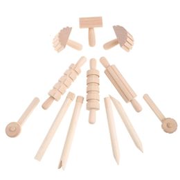12 pièces ensemble enfants bricolage pâte à modeler pâte à modeler en plastique auxiliaire en bois outil Plasticene Kit d'assistance enfants cadeau 240112