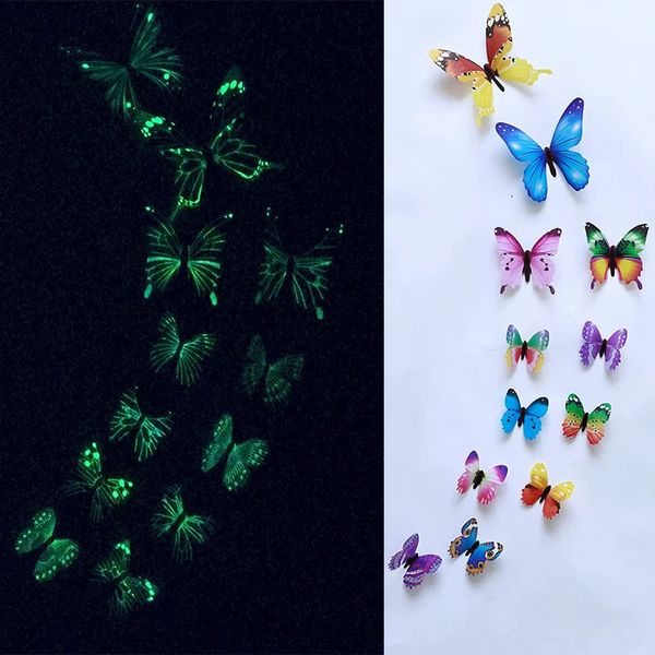 12pcSset Luminous Butterfly Wall Stickers Living Room Butterflies for Wedding Party Decoration Home 3d Fridge Decals Fond Paper 240418