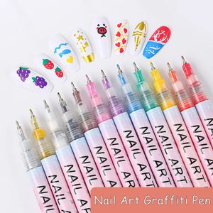 12pcsset Nail Art Graffiti Pen Noir Or Couleur UV Gel Vernis Design Dot Peinture Dessin Stylo Liner Brosse Nail DIY Fleur Outils 240220