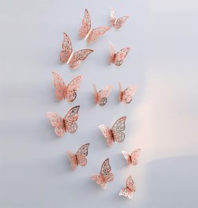 12pcsset or rose 3D creux papillon autocollant mural pour la décoration intérieure papillons autocollants décoration de la salle pour la fête de mariage Decor8969424