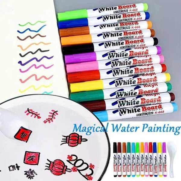 12pcsWatercolor Brush s 8/12 Couleurs Magique 3D Effaçable Eau Flottant Peinture Marqueurs Enfants Doodle Suspension Jouets Stylo Avec Cuillère P230427