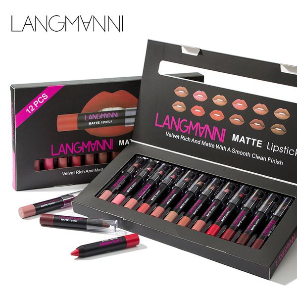 Langmanni Lot de 12 rouges à lèvres Velours riche et mat avec une finition lisse et propre Crayon Cosmétiques longue durée Beauté Maquiagem Rouges à lèvres